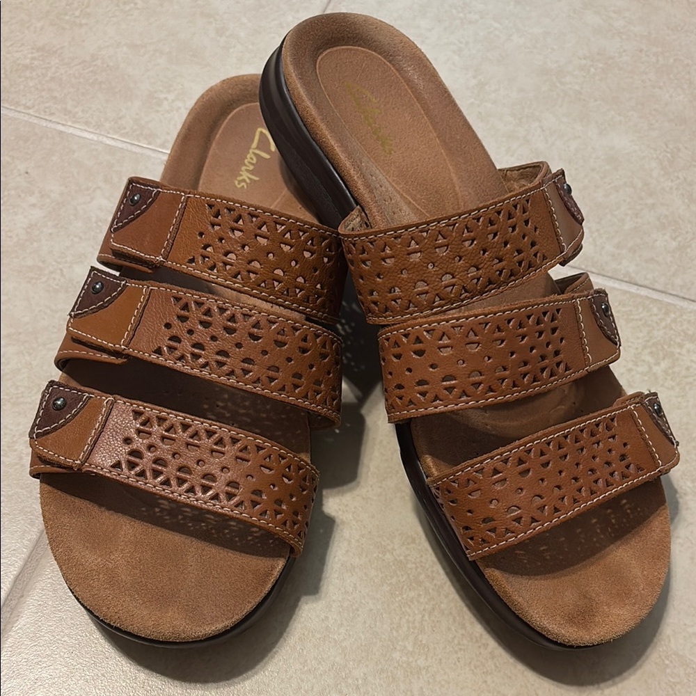 Clarks Tan Perforated Slide Sandals